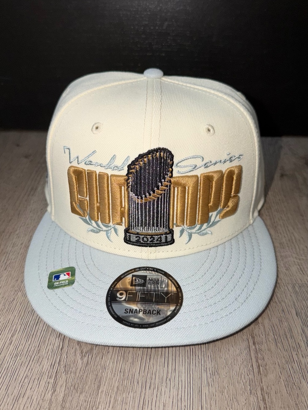 9fifty Dodger Snapback Hat - Cream & Light Blue with Gold Embroidery